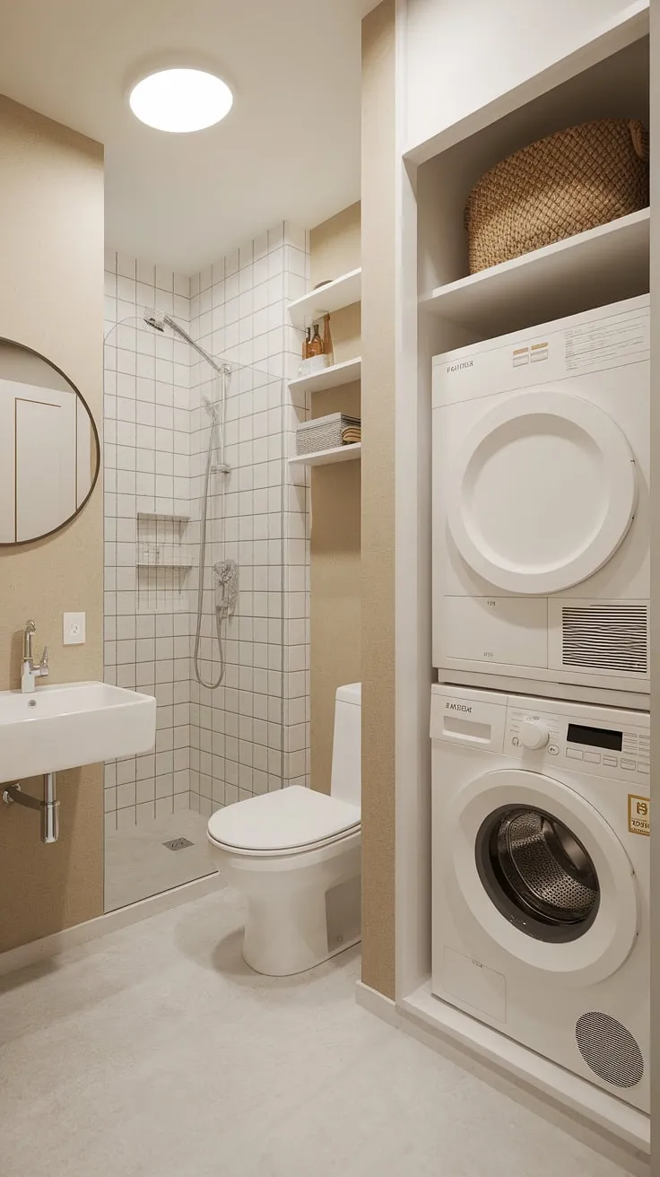 Maximize space and efficiency with this cleverly designed bathroom utility room combo. The integrated laundry room, complete with a laundry room closet, offers seamless small laundry room organization.