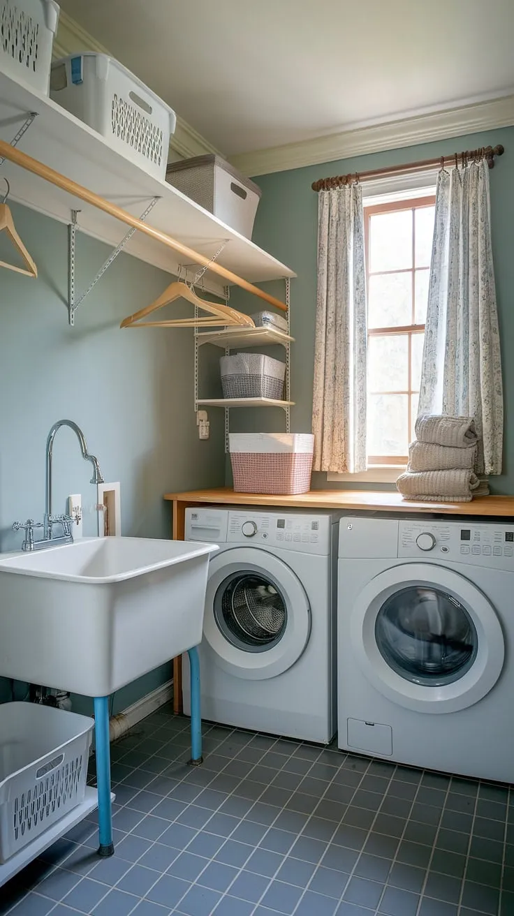 This small laundry room, part of a cleverly designed laundry bathroom combo, boasts a surprising amount of storage. The laundry room closet provides ample hanging space and shelving, while the tiled floor and window with curtains add a touch of brightness. This successful laundry room remodel showcases how even small laundry rooms can be organized and efficient, making the most of a utility bathroom setup.