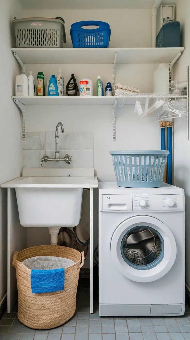 This compact yet functional laundry room, a clever laundry bathroom combo, showcases efficient small laundry room organization. The addition of a utility sink and well-placed shelving above maximizes space in this laundry room closet, perfect for a laundry room remodel on a smaller scale. The tiled floor adds a touch of practicality to this small laundry room, making it a surprisingly spacious utility bathroom.