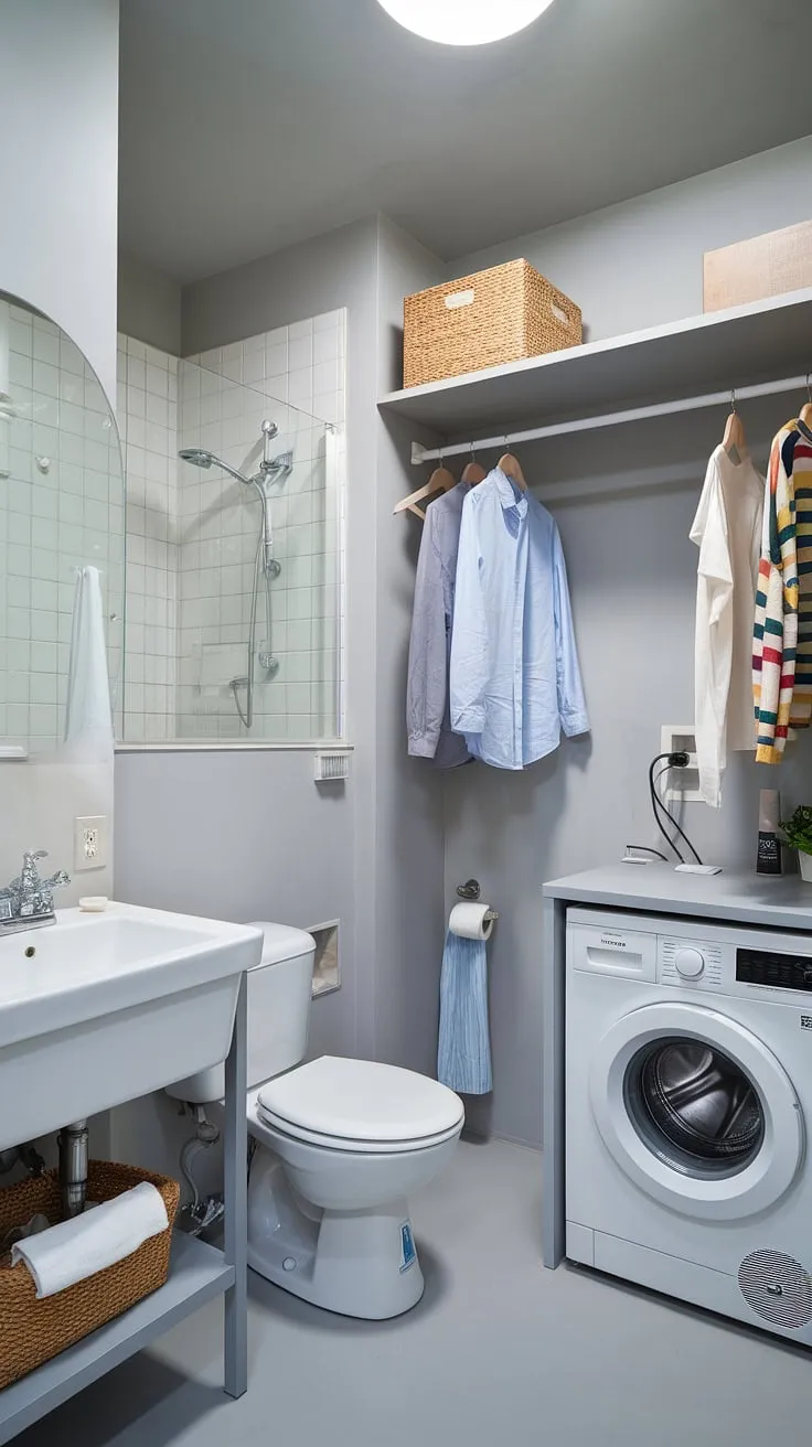 This laundry bathroom combo is the ultimate laundry room remodel inspiration. A utility bathroom solution that seamlessly blends laundry room functionality with a complete bathroom, proving that small laundry rooms can be stylish and practical.