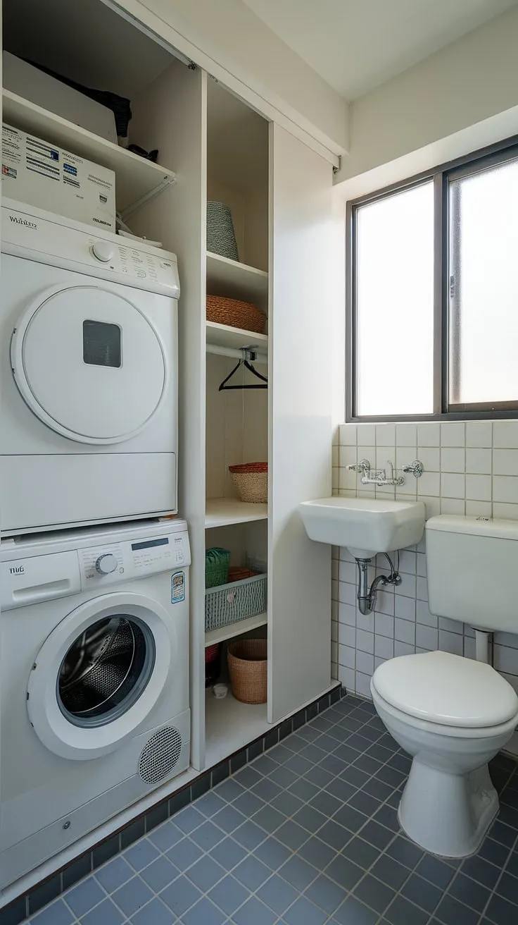 A peek inside this functional laundry bathroom combo reveals smart solutions for small laundry rooms. The integrated laundry room closet, strategically placed near the sink, helps maintain order. This laundry room, though small, boasts a complete setup with a washer, dryer, and toilet, a testament to successful laundry room remodel planning. The tiled floor and window add a touch of brightness to this utility bathroom.
