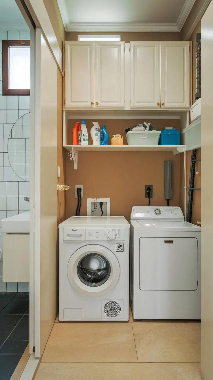 This laundry bathroom combo proves that even a small laundry room can be stylish and functional. A laundry room remodel dream come true, showcasing smart laundry room closet solutions.