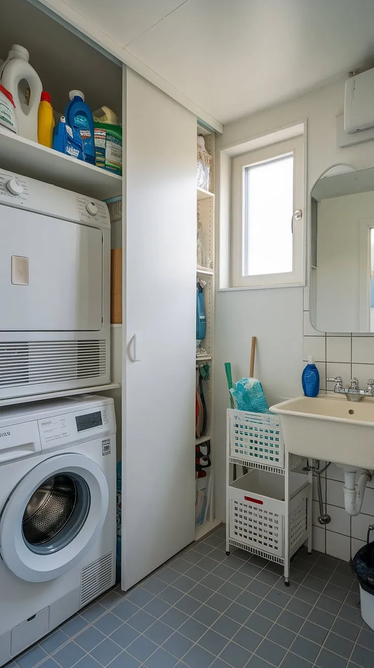Maximize space and efficiency with this cleverly designed bathroom utility room combo. Small laundry room organization is key, and this laundry room closet keeps everything tidy.