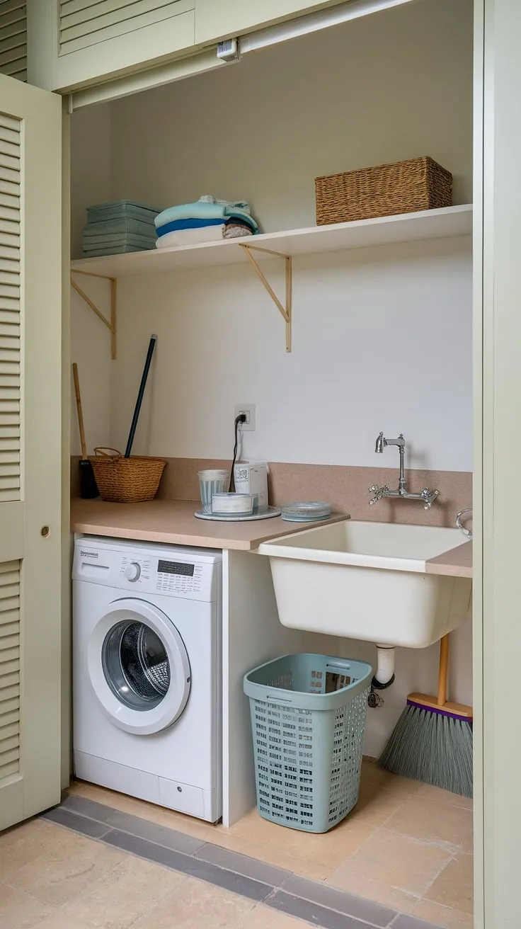 This laundry room closet proves that even small laundry rooms can be stylish and functional. A laundry bathroom combo solution perfect for a laundry room remodel.