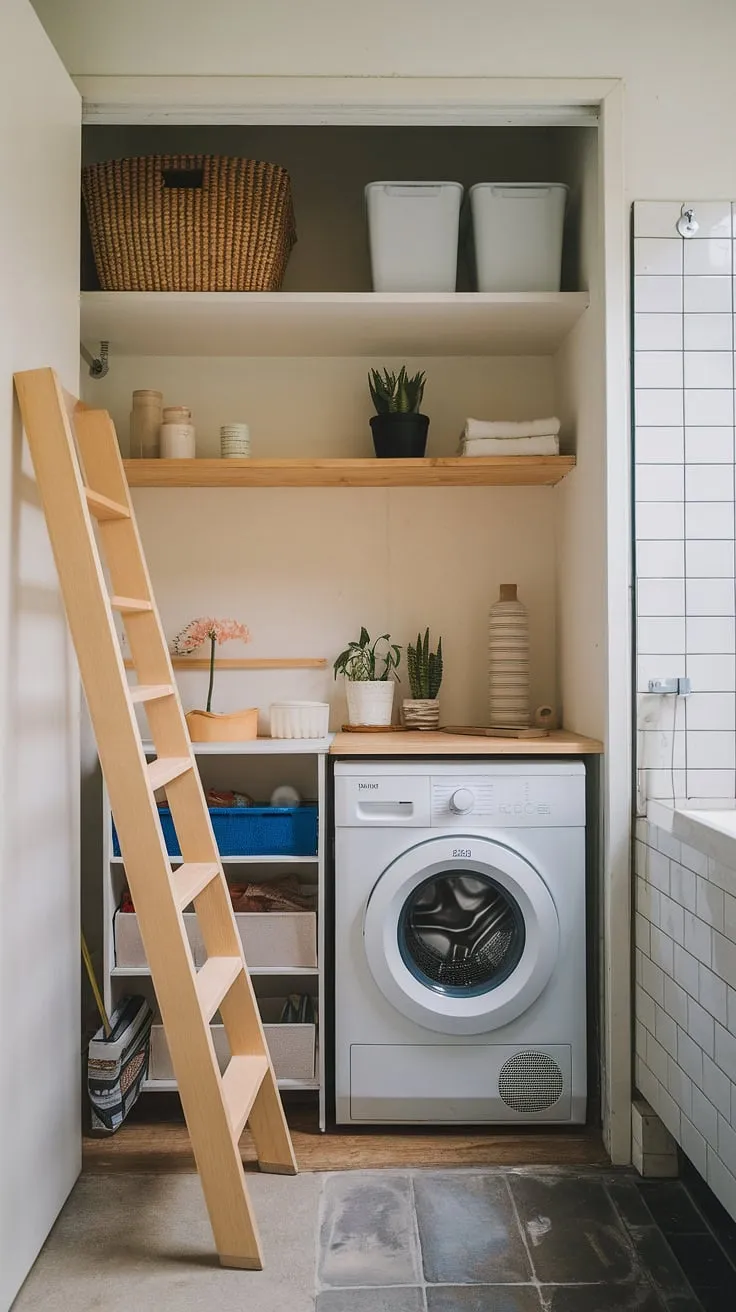 This small laundry room organization maximizes space in a clever laundry bathroom combo. The efficient design seamlessly integrates a washing machine and dryer with essential storage, even incorporating a ladder for reaching higher shelves in this compact utility bathroom. A successful laundry room remodel, this space proves that even small laundry rooms can be functional and stylish.