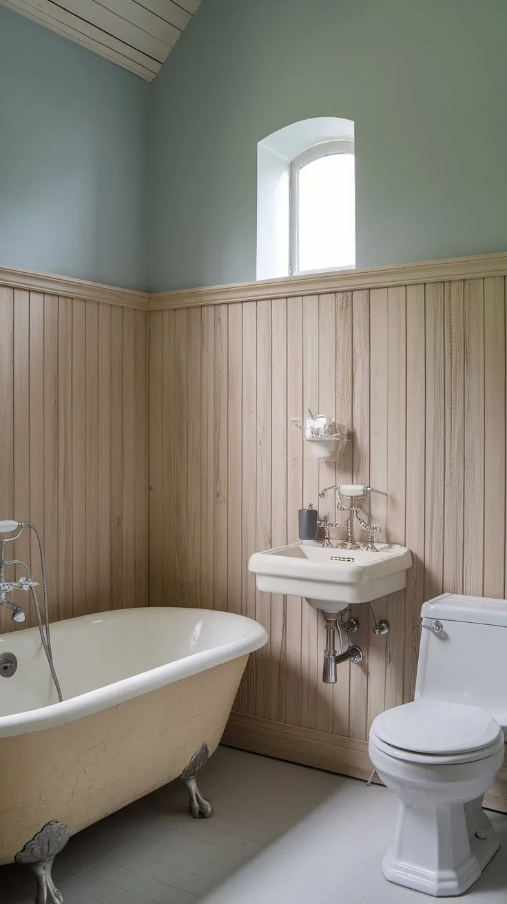 Rustic charm meets modern comfort in this wood paneled bathroom. The light wood wainscoting, extending from floor to ceiling, creates stunning panelled walls, while the soft blue upper walls and vintage fixtures add a touch of elegance. This guest bathroom wainscoting is a perfect example of rustic bathroom ideas, showcasing the beauty of stained wood paneling and beadboard walls. The freestanding tub is the perfect centerpiece.