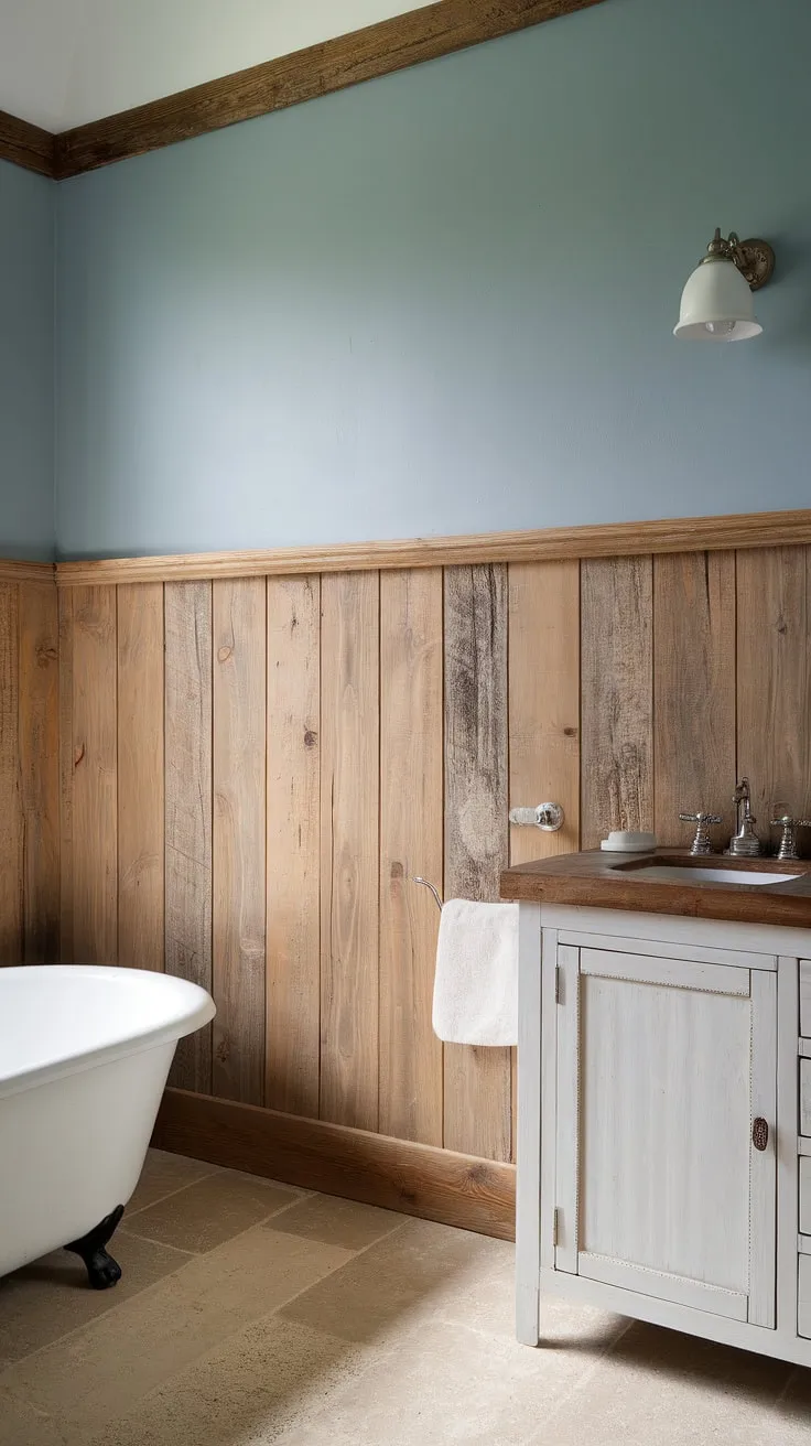 Rustic bathroom ideas shine in this space featuring light wood wainscoting that adds warmth and texture. The bathroom with wood paneling showcases a beautiful blend of styles, with the stained wood paneling creating a focal point against the light blue walls. The white fixtures and beige tile floor maintain a clean and airy feel, making this guest bathroom wainscoting design both stylish and functional. The beadboard walls and panelled walls contribute to the overall charm of this wood paneled bathroom.