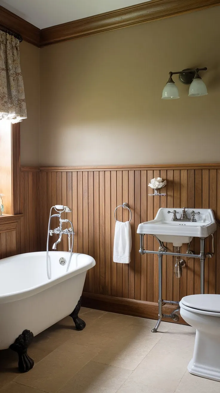 Rustic charm meets modern comfort in this guest bathroom, featuring stunning light wood wainscoting and stained wood paneling that creates a warm and inviting atmosphere. The beadboard walls and wood paneled bathroom are the perfect complement to the freestanding tub.
