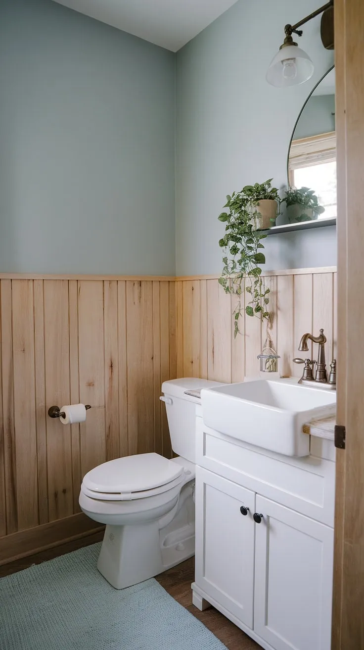Rustic bathroom ideas come to life in this delightful guest bathroom. The panelled walls, featuring light wood wainscoting, add warmth and texture. The bathroom wainscoting is perfectly complemented by the soft blue upper walls, creating a calming atmosphere. The white fixtures and subtle details, including a potted plant on a floating shelf, enhance the overall aesthetic of this guest bathroom wainscoting design. This wood paneled bathroom showcases the timeless appeal of stained wood paneling.