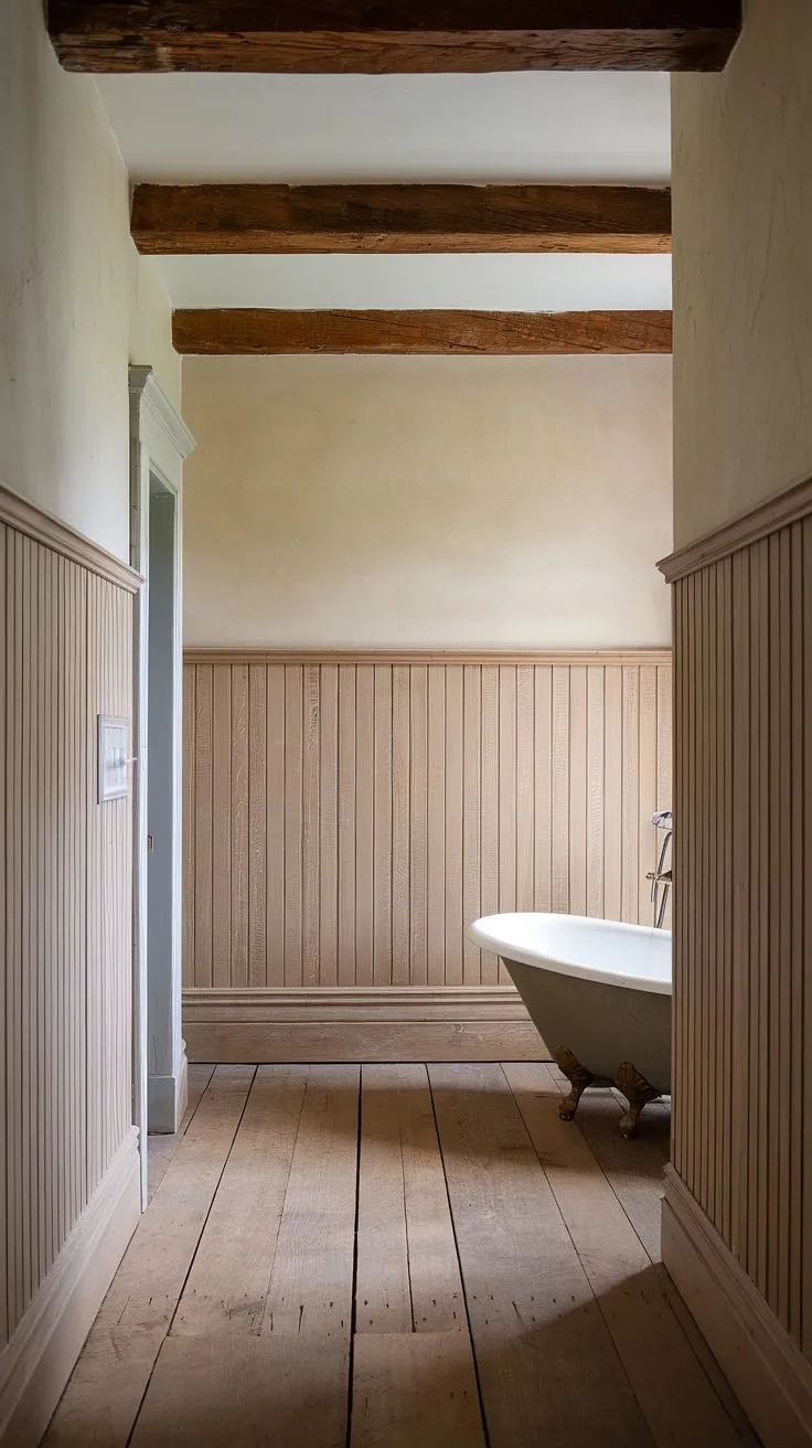 This bathroom with wood paneling showcases the beauty of simple design. The panelled walls, featuring light wood wainscoting and beadboard, create a serene space. The freestanding tub and exposed beams complete the rustic aesthetic, making this a perfect example of guest bathroom wainscoting done right, offering plenty of inspiration for your own rustic bathroom ideas.