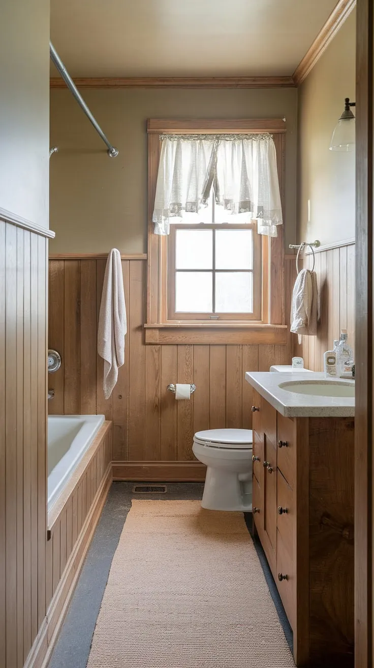 This rustic bathroom boasts charming light wood wainscoting, creating a warm and inviting atmosphere. The beadboard walls and stained wood paneling add texture and character to this wood paneled bathroom, while the beige walls and rug maintain a sense of calm. Perfect guest bathroom wainscoting ideas for a cozy and stylish space.