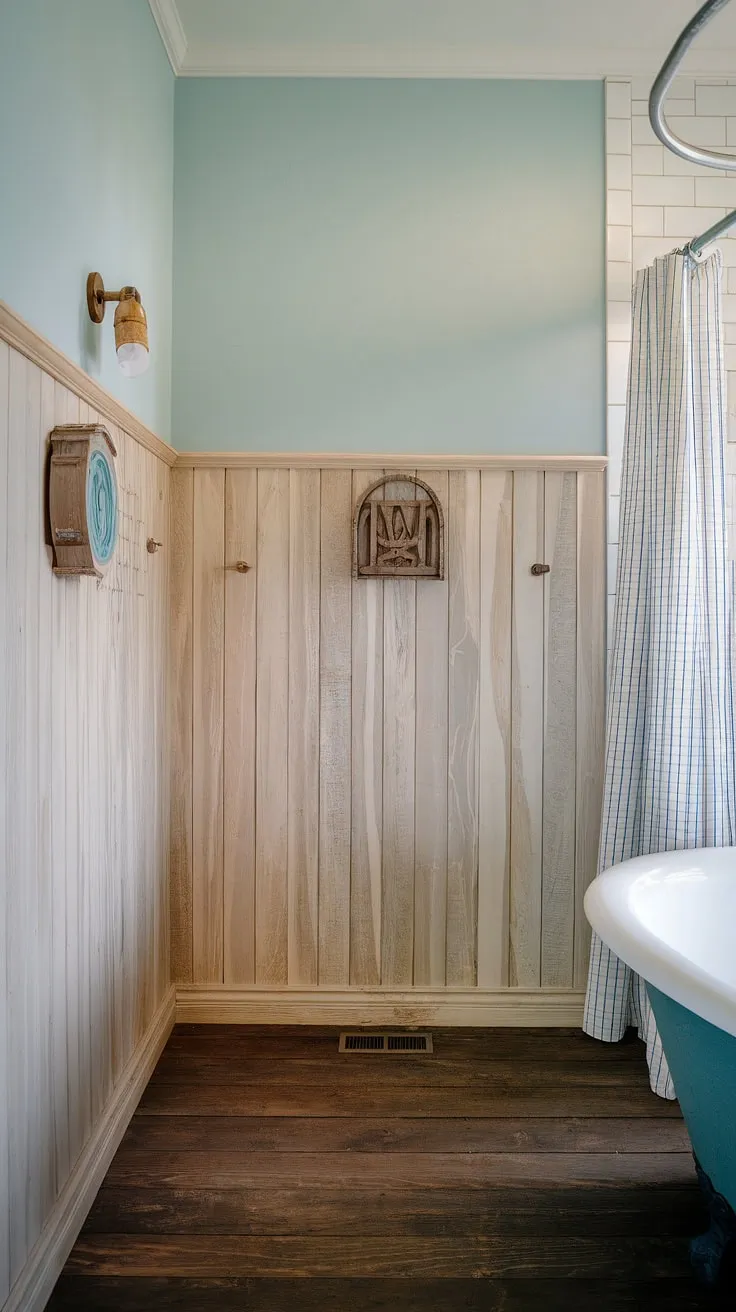 Coastal calm meets rustic charm with this bathroom wainscoting. The light wood wainscoting, extending halfway up the panelled walls, creates a serene space, perfect for a guest bathroom wainscoting or any wood paneled bathroom. Stained wood paneling and beadboard walls add texture, offering rustic bathroom ideas for a beach house aesthetic.