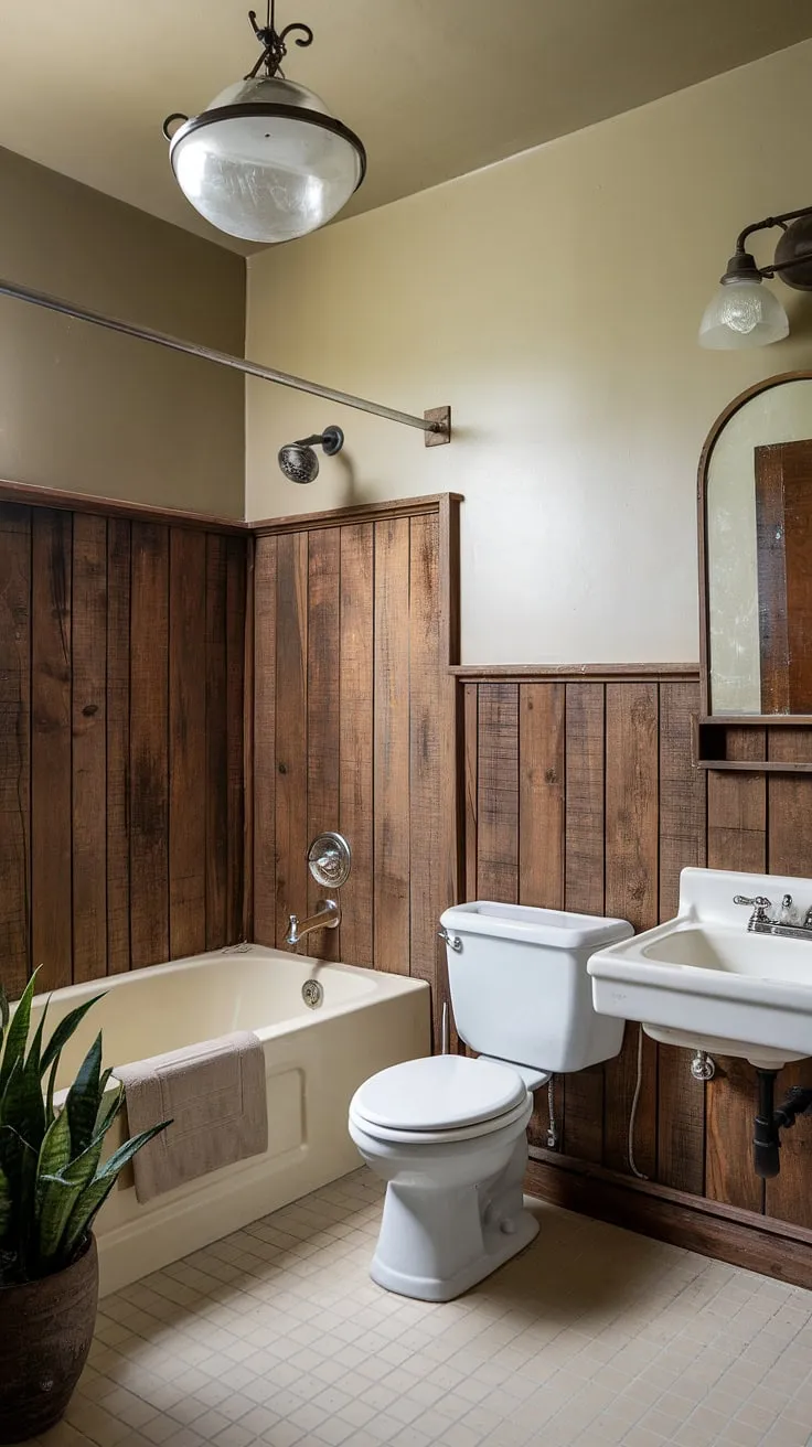 Rustic charm meets modern comfort in this bathroom with wood paneling. The light wood wainscoting and beadboard walls create a cozy atmosphere, perfect for a guest bathroom wainscoting upgrade. This wood paneled bathroom showcases stunning stained wood paneling and is brimming with rustic bathroom ideas.