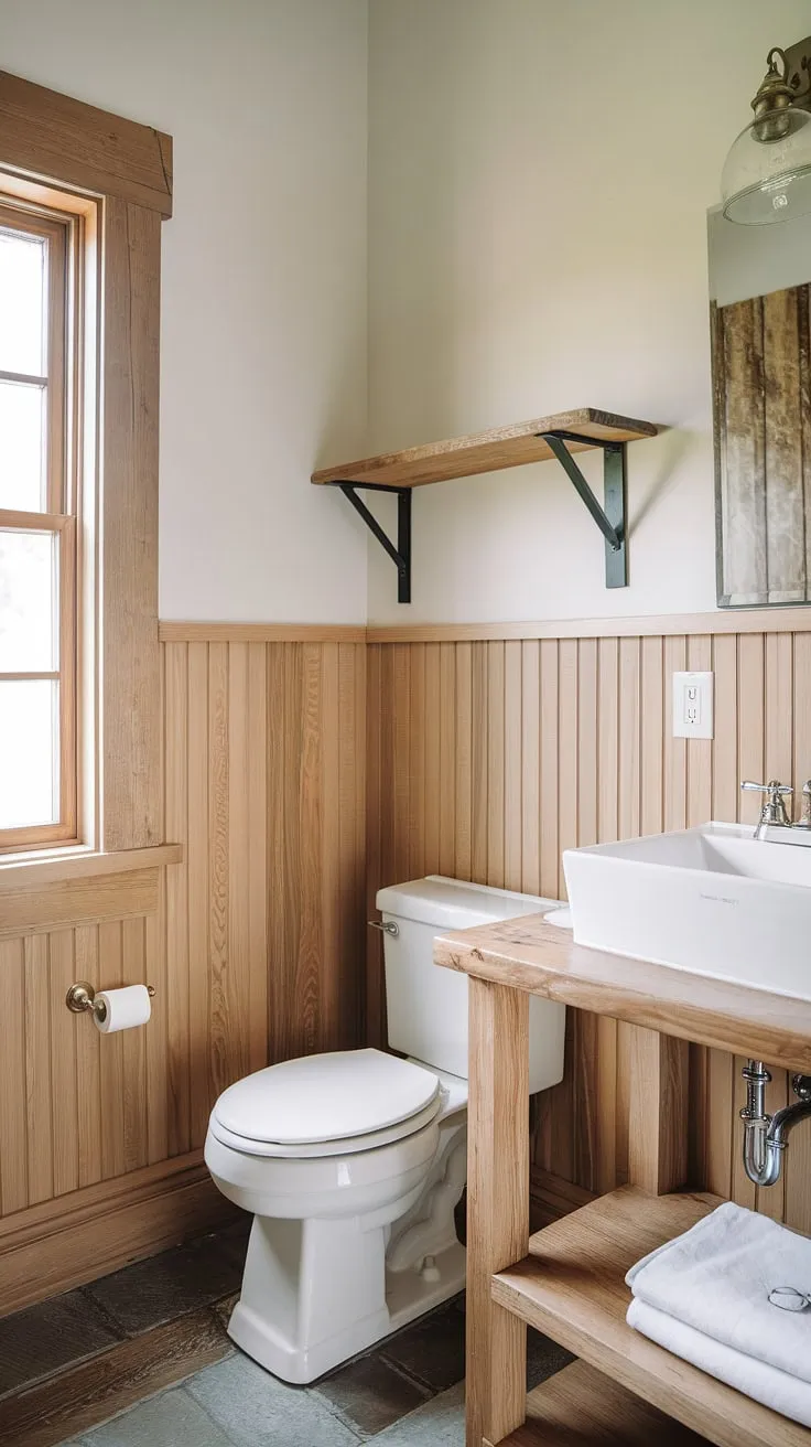 Rustic bathroom ideas come to life in this wood paneled bathroom. The bathroom wainscoting, featuring light wood wainscoting and panelled walls, creates a cozy and elegant feel. The guest bathroom wainscoting extends halfway up the walls, beautifully contrasting with the crisp white paint above. Simple white fixtures and a wooden shelf add to the overall charm of this bathroom with wood paneling.