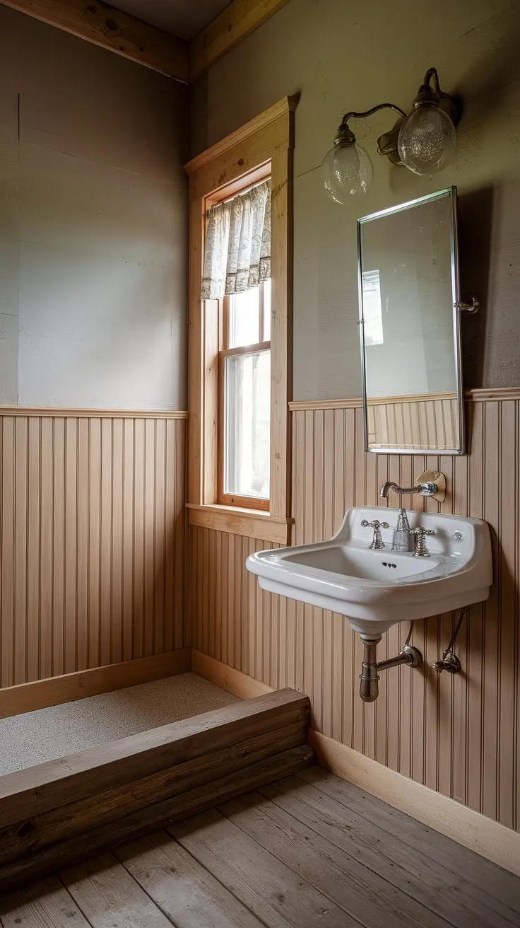 Rustic charm meets modern comfort in this guest bathroom, featuring light wood wainscoting that elevates the space with its beadboard walls and stained wood paneling. A perfect example of bathroom wainscoting done right.
