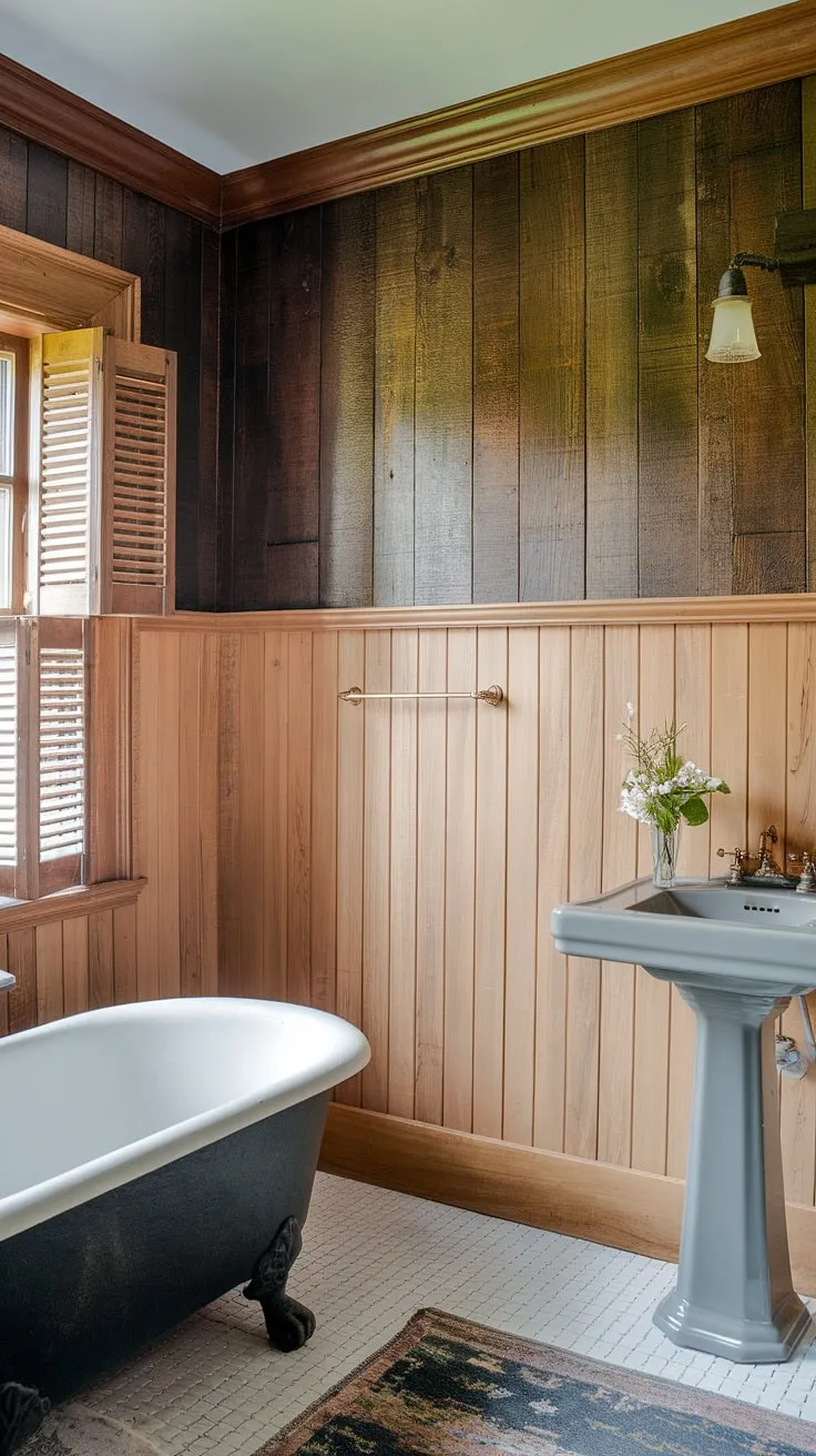 Rustic charm meets modern comfort in this guest bathroom. The light wood wainscoting and stained wood paneling create a warm and inviting atmosphere, showcasing the beauty of beadboard walls and wood paneled bathroom design.