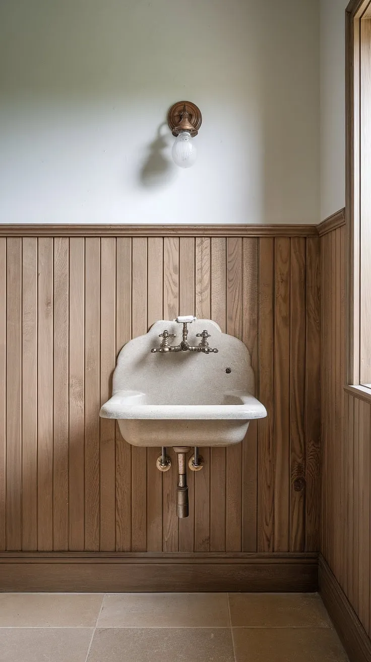 Bathroom wainscoting elevates this space! Guest bathroom wainscoting in light wood, with panelled walls and beadboard walls, offers a perfect blend of rustic bathroom ideas and timeless style. A bathroom with wood paneling doesn't get much better than this.