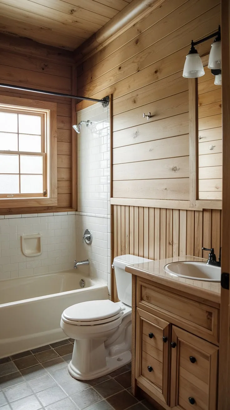 Rustic bathroom ideas shine in this space featuring light wood wainscoting that complements the rich stained wood paneling on the walls. The wood paneled bathroom boasts a charming blend of textures, creating a warm and inviting guest bathroom wainscoting. The beadboard walls add to the overall rustic appeal, while the tiled floor and window above the tub complete the design.