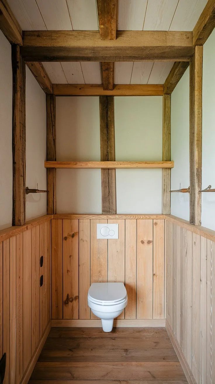 Rustic charm meets modern comfort in this bathroom with wood paneling. The light wood wainscoting and stained wood paneling create a warm, inviting atmosphere, perfect for guest bathroom wainscoting ideas.