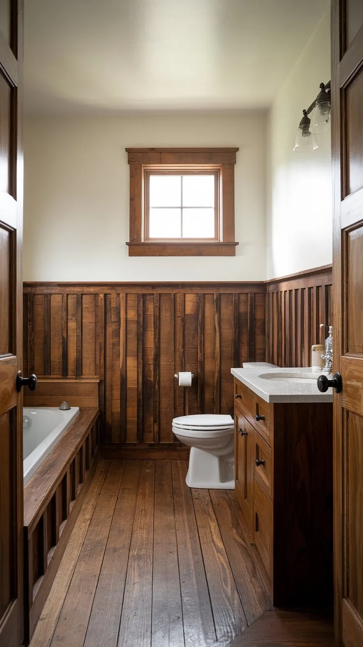 This rustic guest bathroom boasts stunning stained wood paneling, creating a warm and inviting atmosphere. The light wood wainscoting extends from floor to ceiling, showcasing beautiful beadboard walls and adding character to this wood paneled bathroom. The combination of panelled walls and wooden floors offers a cozy retreat, perfect for relaxing after a long day. This bathroom with wood paneling is a testament to the charm of rustic bathroom ideas.