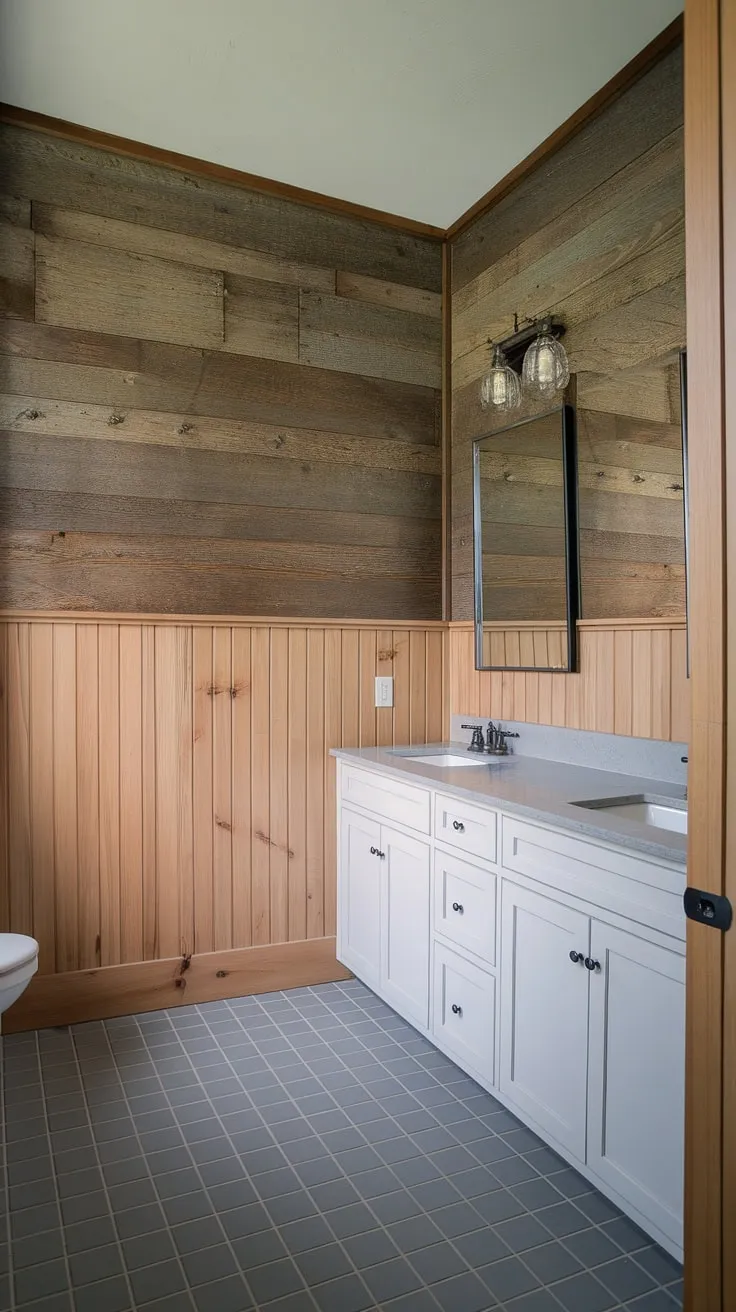 The combination of light wood wainscoting and stained wood paneling creates a warm and inviting atmosphere in this wood paneled bathroom. The guest bathroom wainscoting adds a touch of classic elegance, while the panelled walls provide a rustic charm. The gray and white tiled floor complements the wood beautifully, making this bathroom with wood paneling a perfect example of rustic bathroom ideas.