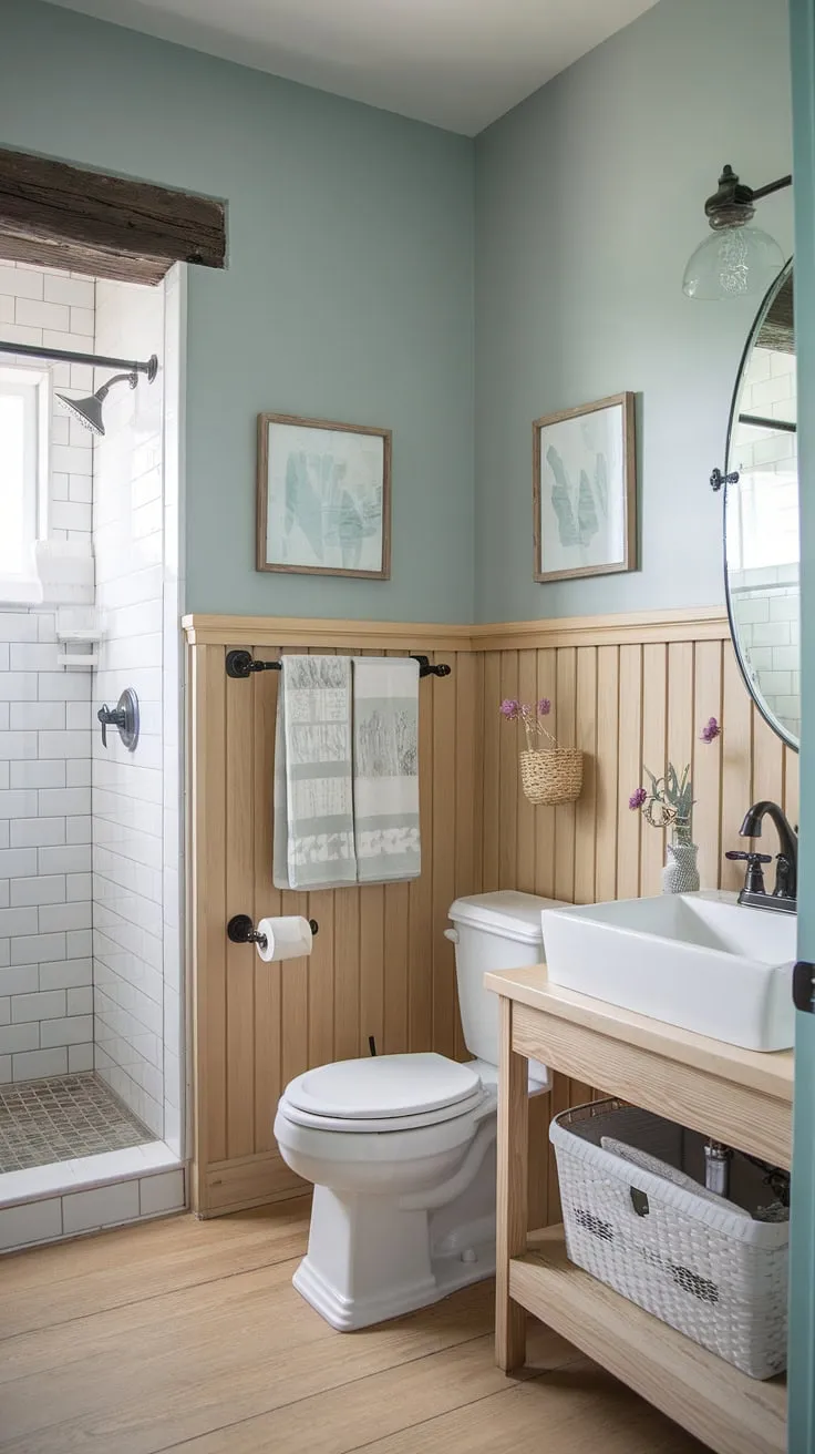 This wood paneled bathroom boasts elegant guest bathroom wainscoting, transforming a simple space into a haven of tranquility. The light wood wainscoting, with its subtle texture, adds a touch of rustic sophistication. The panelled walls, painted a calming light blue above the beadboard walls, create a visually appealing contrast. These rustic bathroom ideas perfectly showcase the charm of a bathroom wainscoting design.