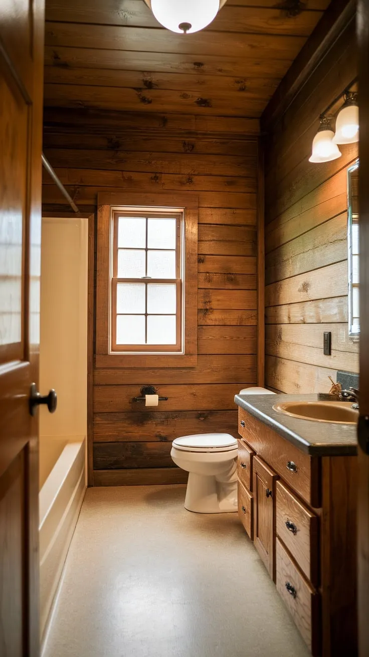 Rustic charm meets modern comfort in this wood paneled bathroom. The stained wood paneling, extending from floor to ceiling, creates a warm and inviting atmosphere, perfect for a guest bathroom wainscoting upgrade. This bathroom with wood paneling showcases the beauty of light wood wainscoting and offers inspiration for rustic bathroom ideas.