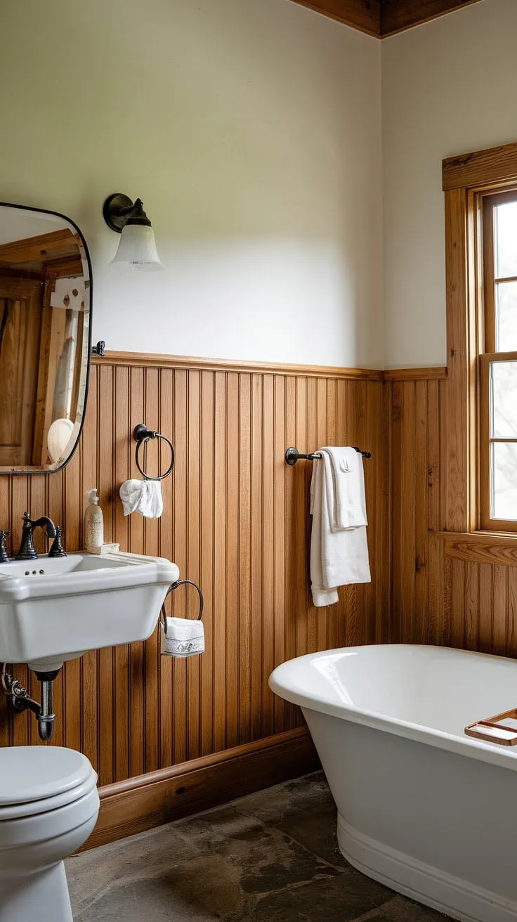 Warmth and rustic charm fill this guest bathroom, featuring beautiful light wood wainscoting. The stained wood paneling, with its classic beadboard walls, creates a cozy atmosphere complemented by the white upper walls and stone flooring. This wood paneled bathroom showcases the perfect blend of rustic bathroom ideas and modern comfort. The bathroom wainscoting adds a touch of elegance, making it a truly inviting space.