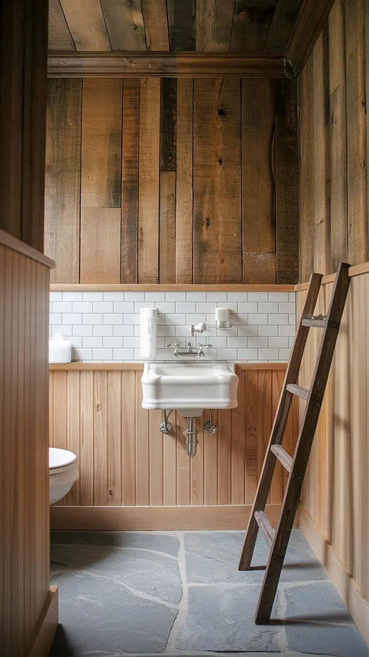 This wood paneled bathroom is a masterclass in rustic design. The panelled walls, featuring light wood wainscoting and rich stained wood paneling, create a cozy and inviting space. The bathroom wainscoting is complemented by a crisp white subway tile backsplash and large gray stone flooring. A simple wooden ladder leans against the wall, adding a touch of unexpected character. Consider this a perfect example of guest bathroom wainscoting and rustic bathroom ideas.