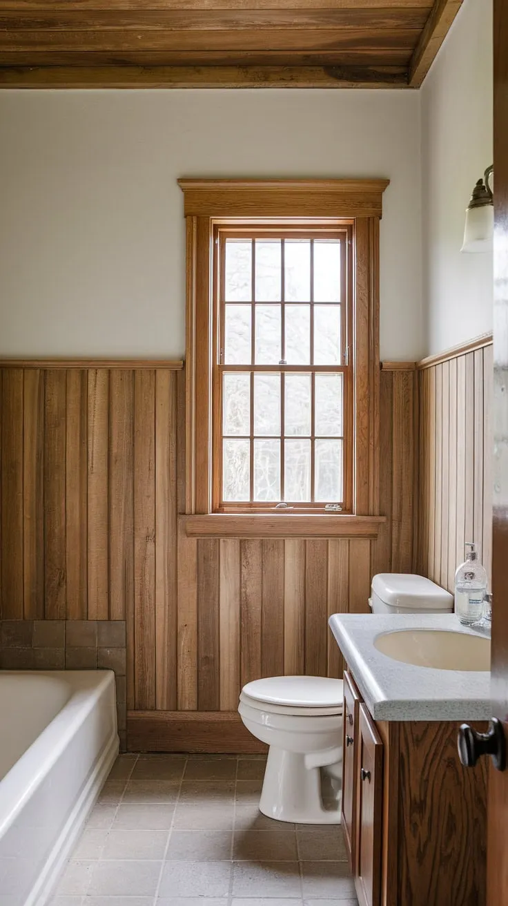 Rustic charm meets modern comfort in this guest bathroom, featuring stunning light wood wainscoting that extends to the ceiling, creating a beautiful wood paneled bathroom with beadboard walls. The stained wood paneling adds warmth and character to this bathroom with wood paneling.