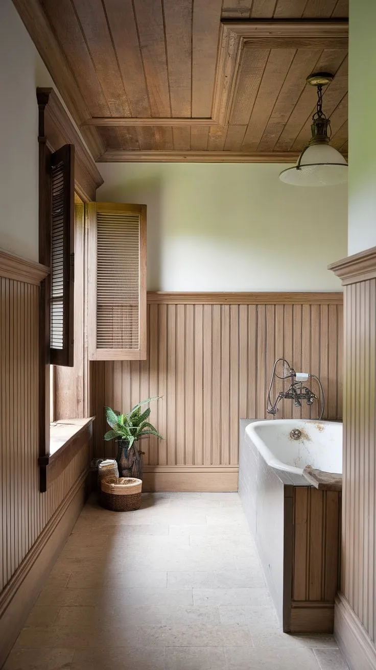 Warmth and charm fill this rustic bathroom, showcasing light wood wainscoting that extends halfway up the beadboard walls, complemented by crisp white panelled walls above. The stained wood paneling continues onto the wood paneled ceiling, creating a cozy atmosphere. A vintage light fixture illuminates the white tub, adding to the character of this guest bathroom wainscoting design. Beige tiles and a window with wooden shutters complete the inviting space, offering inspiration for your own rustic bathroom ideas. A perfect example of a bathroom with wood paneling.