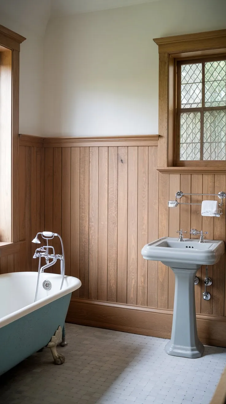 Rustic charm meets modern comfort in this bathroom with wood paneling. The light wood wainscoting, extending to the ceiling, creates stunning panelled walls, perfect for guest bathroom wainscoting ideas. Stained wood paneling adds warmth, while the beadboard walls and classic tiled floor complete the look.