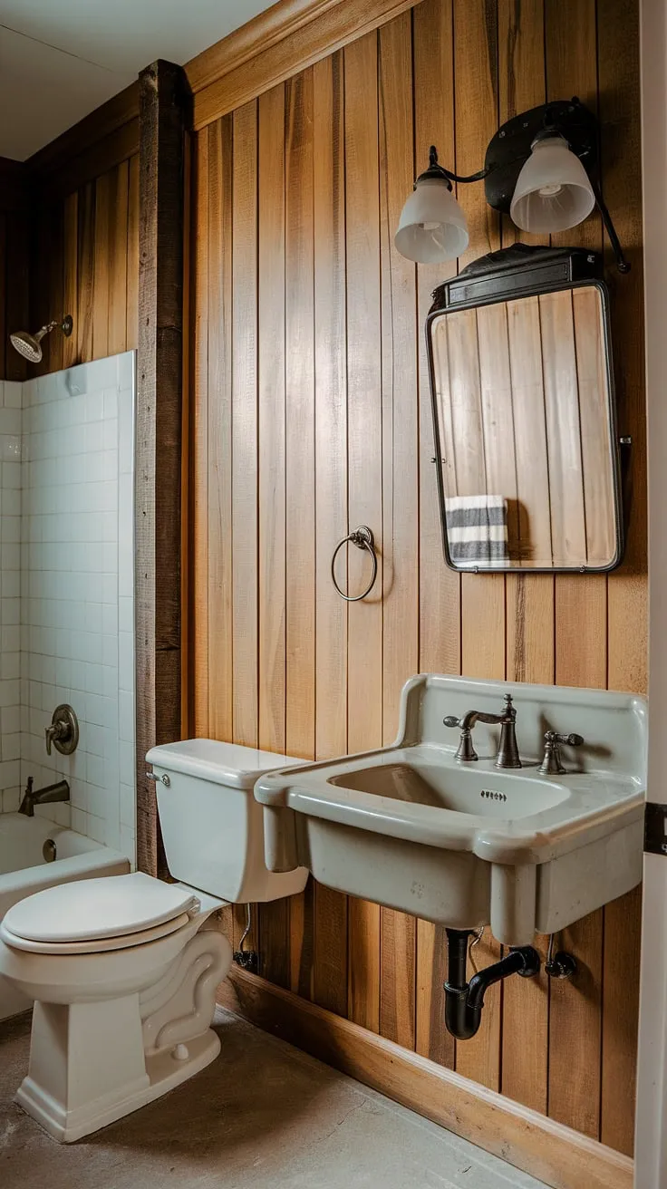 Step into this cozy guest bathroom, where light wood wainscoting creates a warm and inviting atmosphere. The stained wood paneling, extending from floor to ceiling, offers a charming rustic bathroom aesthetic. This wood paneled bathroom, featuring beadboard walls and a vintage sink with matching mirror, is the perfect example of rustic bathroom ideas. The bathroom wainscoting adds a touch of traditional elegance, making this guest bathroom wainscoting a standout feature.