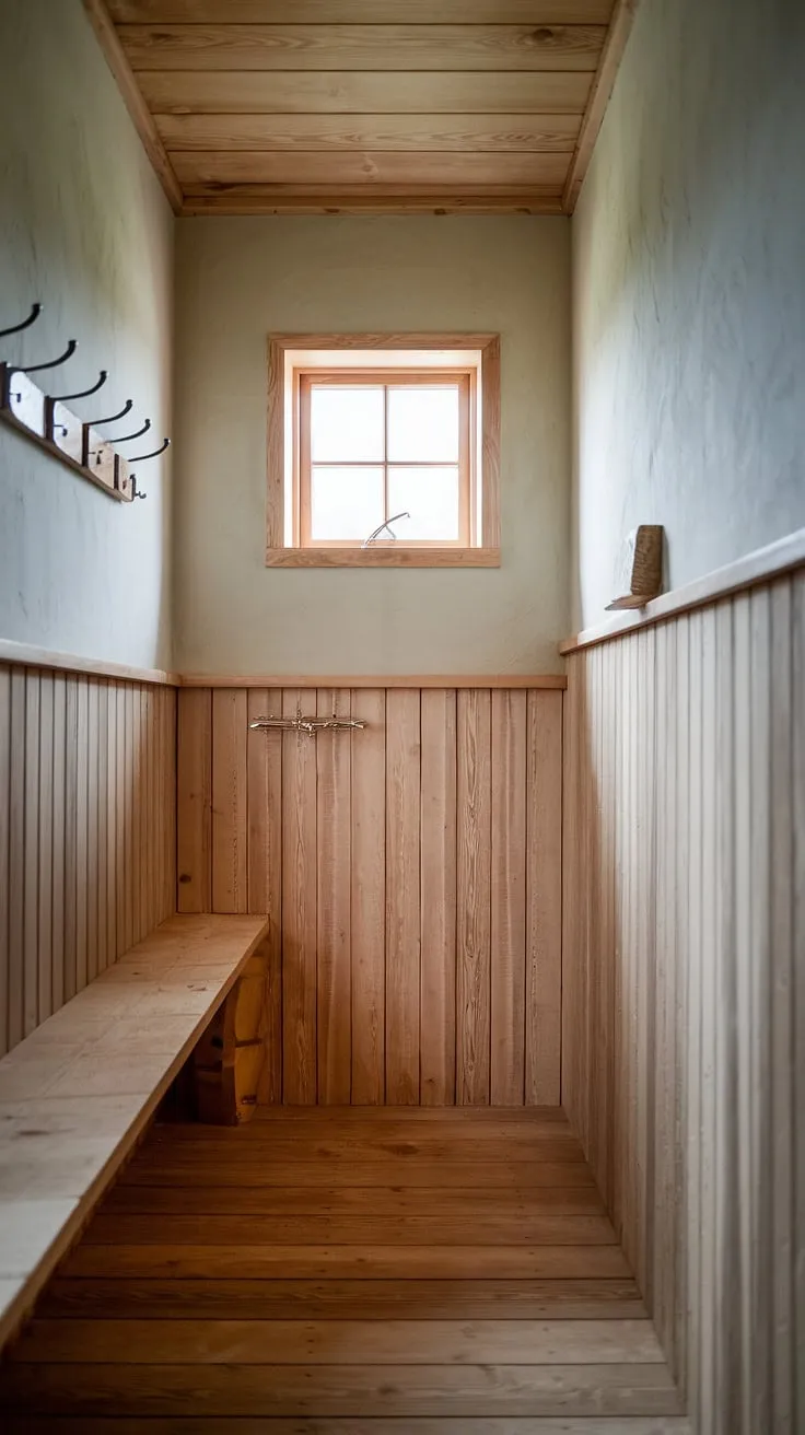 Bathroom wainscoting doesn't get more charming than this. The panelled walls of light wood wainscoting and wood plank floors create a rustic bathroom ideal for relaxation. Simple, elegant, and perfect for rustic bathroom ideas.