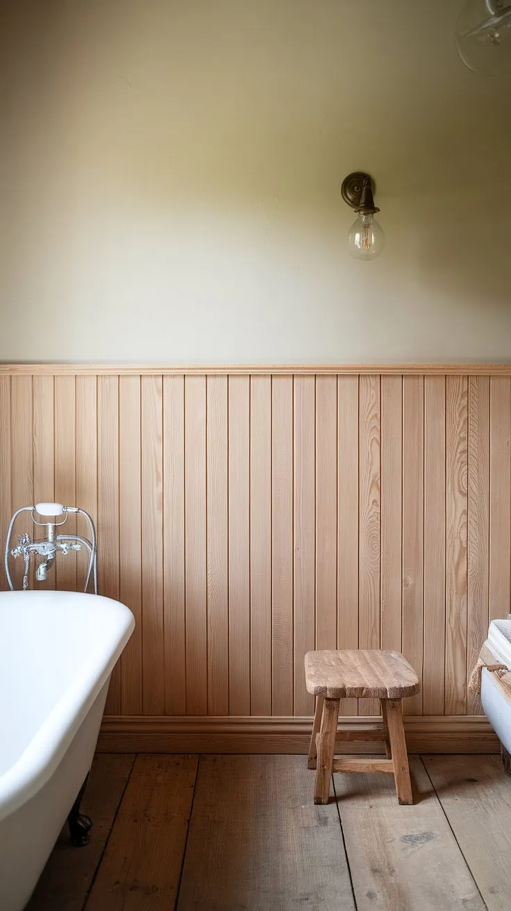 Bathroom wainscoting doesn't get much better than this! The beadboard walls and light wood wainscoting add a touch of rustic elegance to this wood paneled bathroom. These rustic bathroom ideas are perfect for creating a cozy and inviting atmosphere.