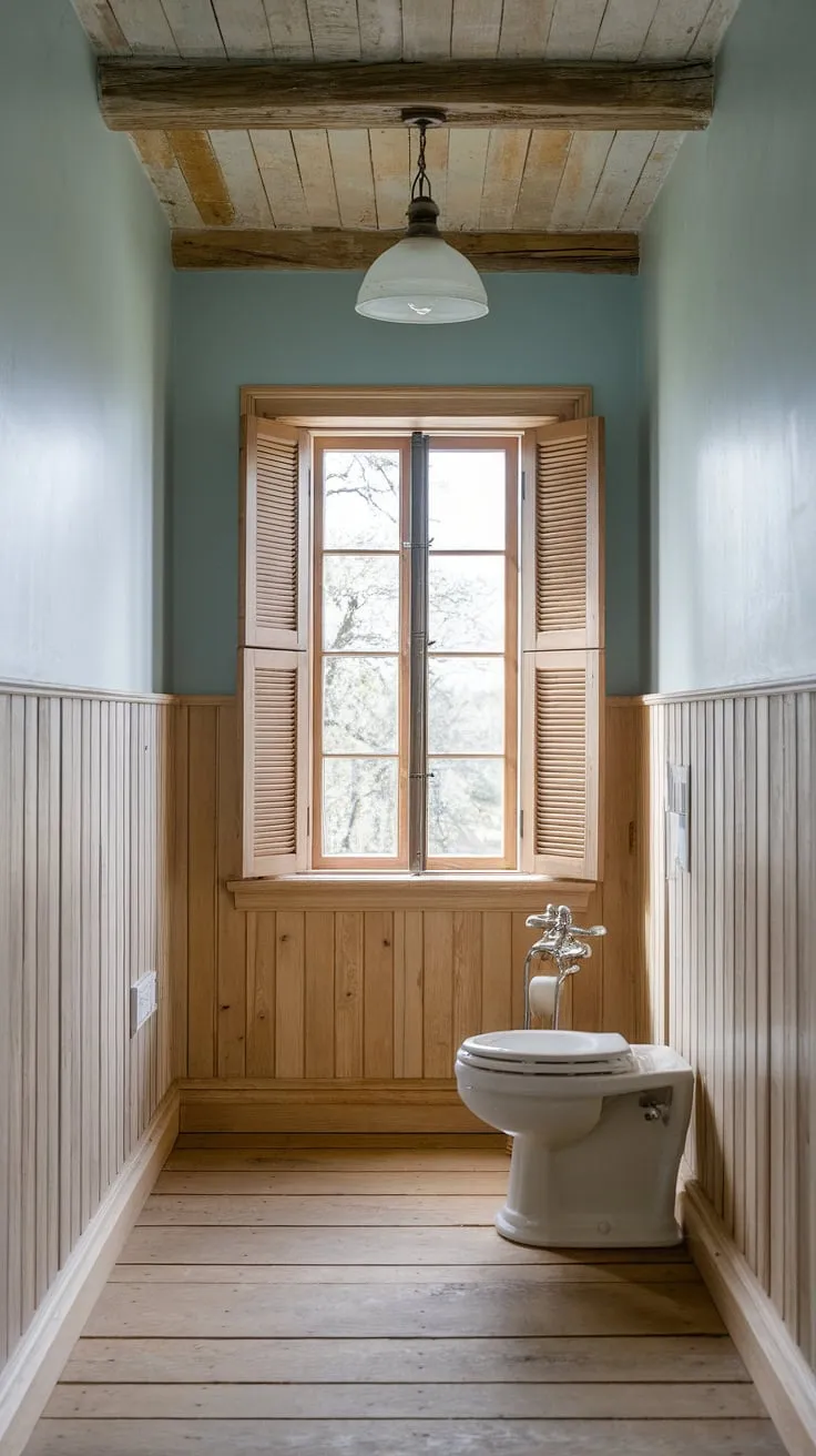 This charming guest bathroom boasts light wood wainscoting, extending halfway up the walls for a touch of rustic elegance. The soft blue upper walls complement the stained wood paneling beautifully, creating a serene atmosphere. The wood paneled bathroom features beadboard walls and a vintage light fixture, adding to its quaint character. This wood paneled bathroom is a perfect example of rustic bathroom ideas.