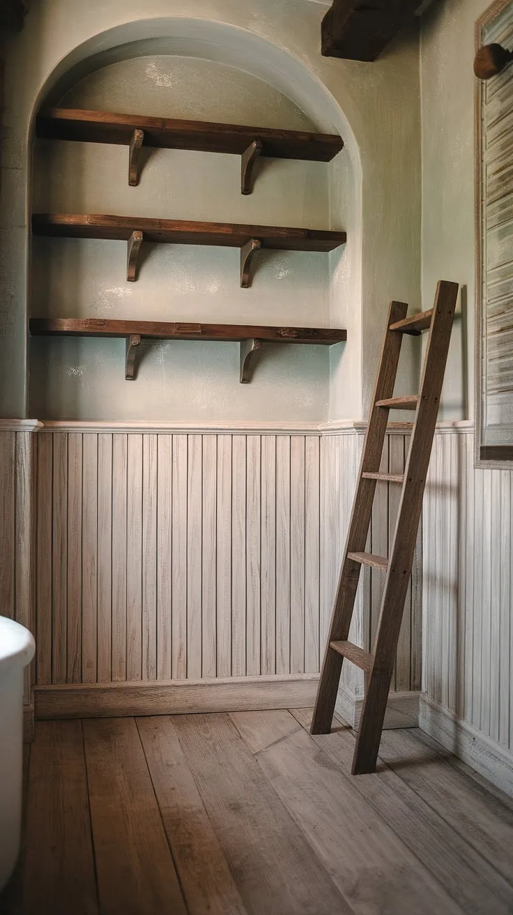 Rustic bathroom ideas abound in this charming space, featuring light wood wainscoting that extends halfway up the walls, creating a lovely contrast with the dark wood shelves above. The stained wood paneling, with its distressed finish, adds to the vintage feel, while the beadboard walls and wide wooden planks on the floor complete the look. A wooden ladder leans casually against the wall, enhancing the overall aesthetic of this wood paneled bathroom. This guest bathroom wainscoting is a perfect example of how panelled walls can transform a space.