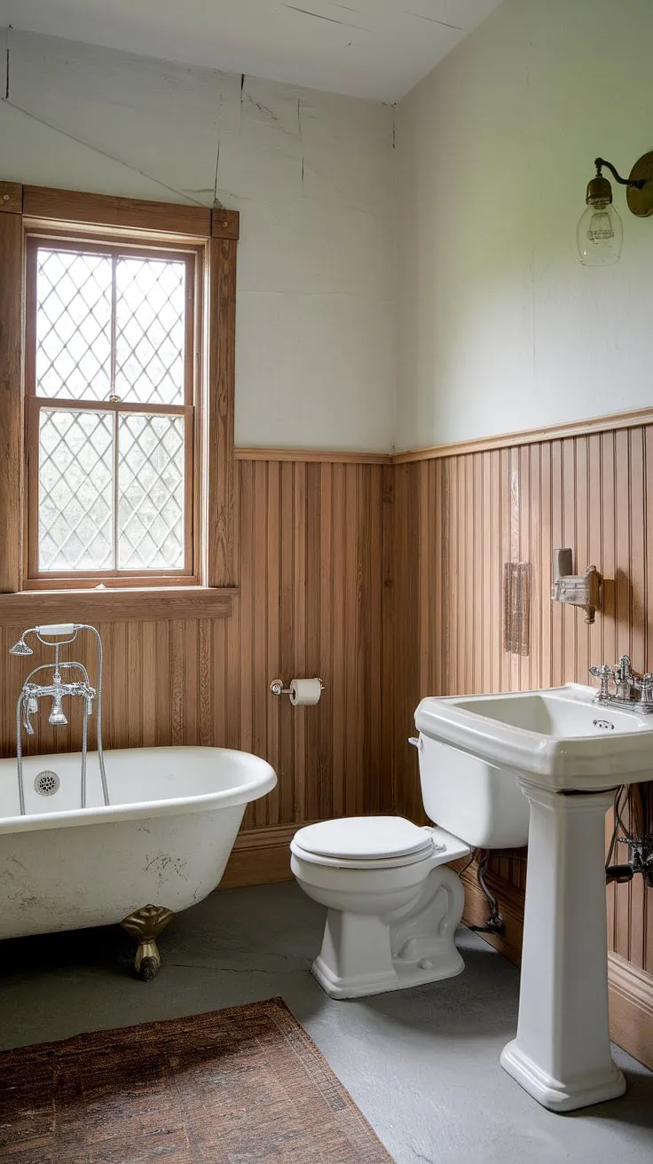 Rustic charm meets modern comfort in this wood paneled bathroom. The light wood wainscoting, extending halfway up the beadboard walls, creates a warm and inviting atmosphere. The stained wood paneling contrasts beautifully with the crisp white upper walls, while the vintage bathtub and pedestal sink add to the overall aesthetic. This guest bathroom wainscoting is a perfect example of rustic bathroom ideas, showcasing the beauty of simple design and functional elegance. A small window with a grate adds a touch of character.