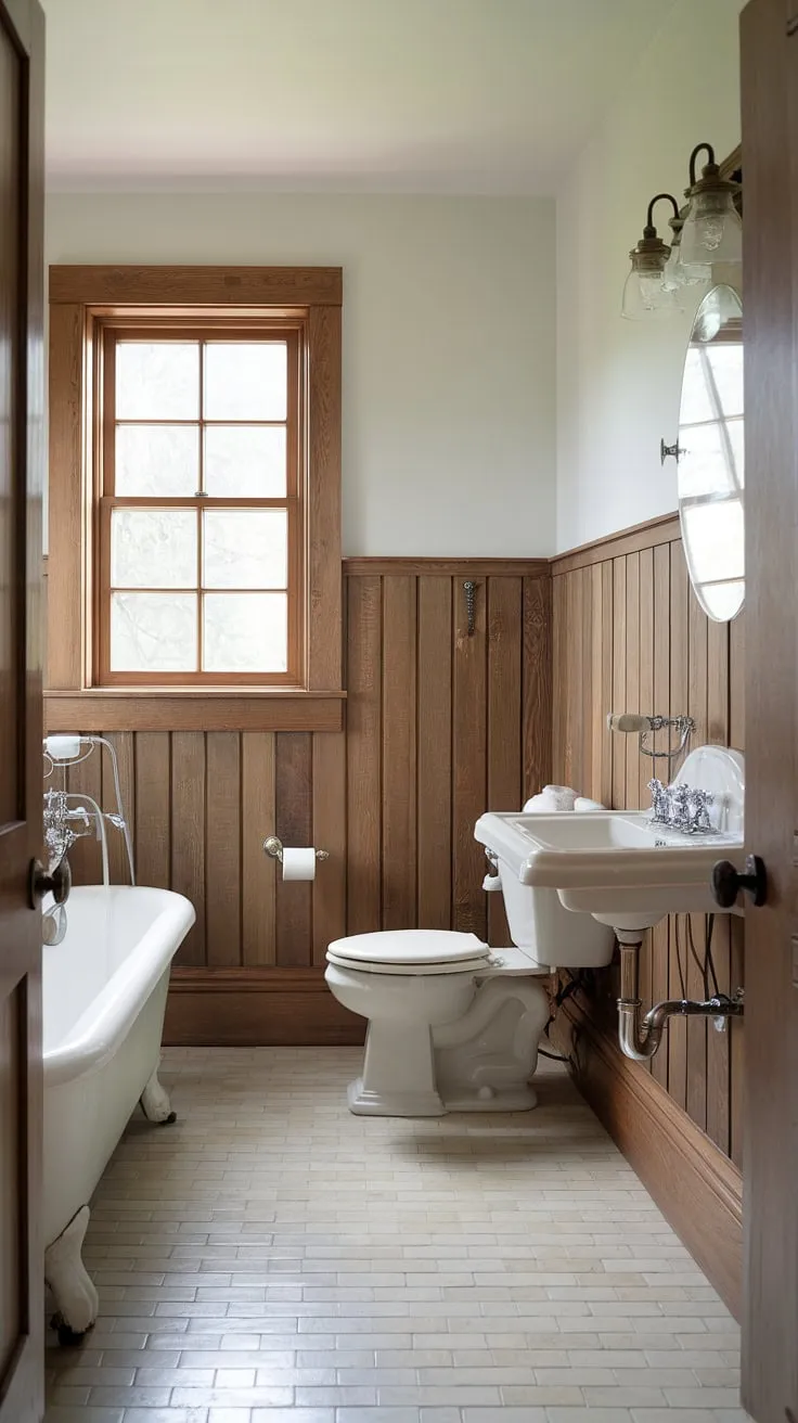 Rustic charm meets modern comfort in this guest bathroom. The light wood wainscoting and stained wood paneling create a warm, inviting space, showcasing the beauty of beadboard walls and wood paneled bathroom design.