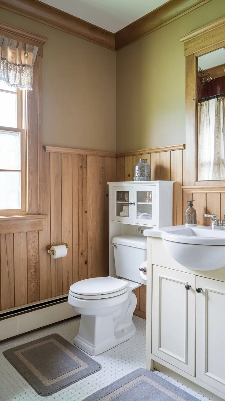 Rustic bathroom ideas shine in this bathroom with wood paneling. The light wood wainscoting and stained wood paneling on the lower walls create a cozy feel, while the beige upper walls maintain a sense of spaciousness. The panelled walls, combined with the simple white vanity and toilet, make this a perfect example of a wood paneled bathroom with understated elegance. The bathroom wainscoting is a key element in achieving this charming and functional space.