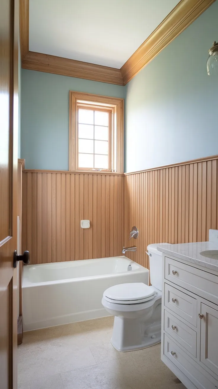 The panelled walls of this guest bathroom, featuring light wood wainscoting, instantly elevate the space. The wood paneled bathroom design is both elegant and practical, with the stained wood paneling adding warmth and texture. The upper half of the walls, adorned with the light wood wainscoting, contrasts beautifully with the soft blue lower half, creating a calming atmosphere. This guest bathroom wainscoting showcases a sophisticated take on rustic bathroom ideas.