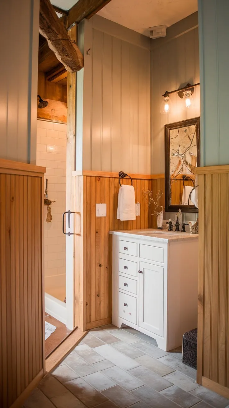 Warm lighting and wood paneled bathroom details make this guest bathroom wainscoting a standout feature. The combination of light wood wainscoting and panelled walls offers a delightful rustic bathroom ideas solution. This bathroom with wood paneling is pure serenity.