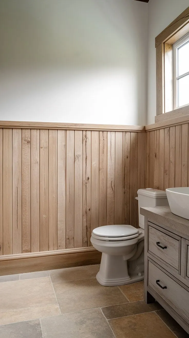 Rustic bathroom ideas come to life in this space featuring beautiful bathroom wainscoting. The panelled walls, crafted from light wood wainscoting, create a warm and inviting ambiance. The stained wood paneling adds texture and depth, while the white upper half of the walls keeps the space feeling bright and airy. A perfect example of a bathroom with wood paneling, showcasing the versatility of beadboard walls in a guest bathroom wainscoting design.