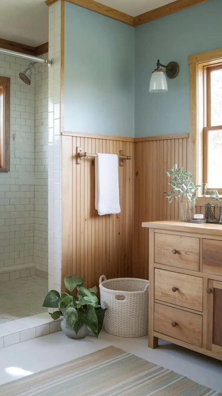 This rustic bathroom boasts light wood wainscoting and soft blue walls, creating a soothing and natural atmosphere. The stained wood vanity complements the beadboard walls perfectly, showcasing the beauty of wood paneling. A perfect example of guest bathroom wainscoting done right, this wood paneled bathroom offers a tranquil escape. The addition of a potted plant and white basket completes the charming design, offering inspiration for your own rustic bathroom ideas.