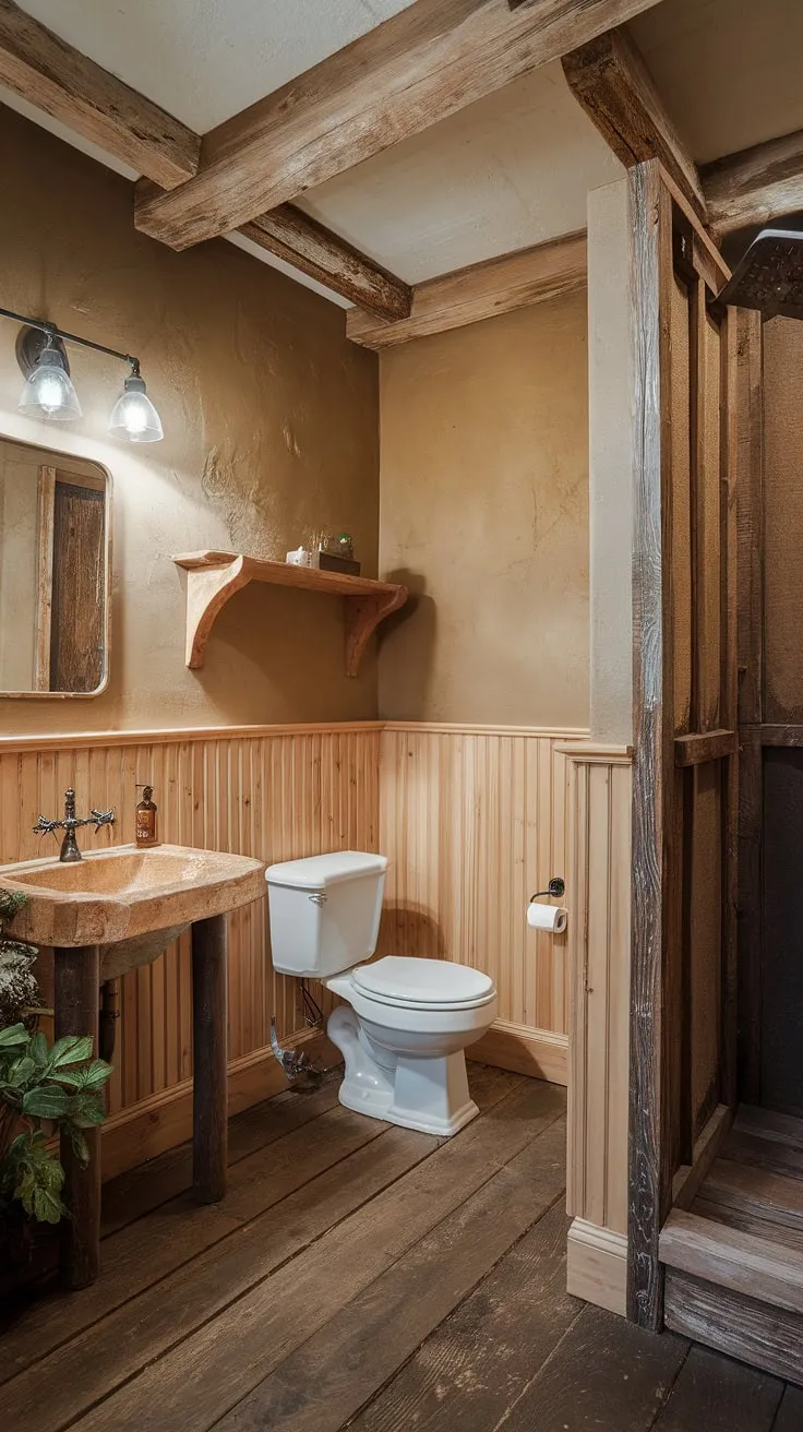 Bathroom wainscoting elevates this wood paneled bathroom. Beadboard walls and exposed beams add character to this rustic bathroom ideas showcase, featuring stunning light wood wainscoting and a cozy atmosphere.