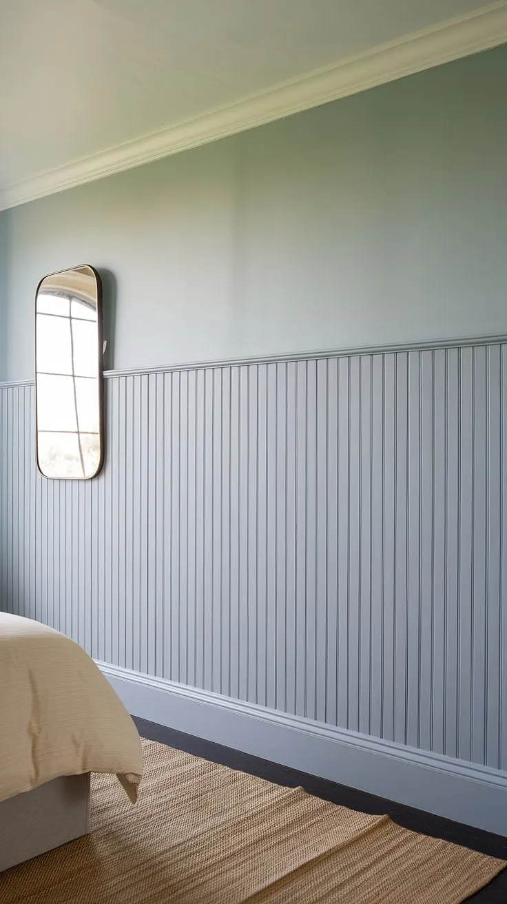 Serene and sophisticated, this bedroom showcases the timeless charm of beadboard wainscoting.  Learn how to add beadboard to walls and achieve this elegant look yourself – from wainscoting installation and choosing the perfect beadboard wainscoting height to hanging a mirror over wainscoting.  Consider beadboard and batten for added texture, or explore beadboard bathroom DIY projects for a cohesive style throughout your home.  While this room features wallpaper and beadboard, the possibilities are endless; even a beadboard ceiling hallway could transform your space.