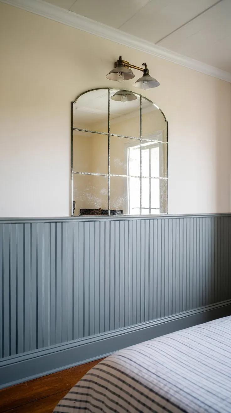 The subtle sophistication of this bedroom is all in the details:  the beadboard wainscoting, the perfectly placed mirror, the vintage lighting fixture.  The beadboard wainscoting height is just right, creating a beautiful balance.  Inspired to try a beadboard and batten project of your own?  We've got you covered with tips on how to add beadboard to walls, including wainscoting installation and how to hang a mirror over wainscoting.  From beadboard bathroom DIY projects to a beadboard ceiling hallway, the applications are limitless.  This stunning room demonstrates the versatility of wallpaper and beadboard bedroom designs.