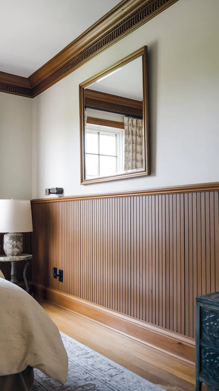 This bedroom's stunning full-height beadboard wainscoting, reaching all the way to the ceiling, creates a captivating focal point.  Learn how to add beadboard to walls and achieve this look yourself – from wainscoting installation to choosing the perfect beadboard and batten.  The mirror placement above the wainscoting is a stylish touch, and the wood flooring complements the design perfectly.  Consider this inspiration for your own beadboard bathroom DIY or even a beadboard ceiling hallway project.  Thinking about wallpaper and beadboard bedroom combinations? This room shows how to seamlessly blend textures.  This project details the beadboard wainscoting height and how to hang a mirror over wainscoting.