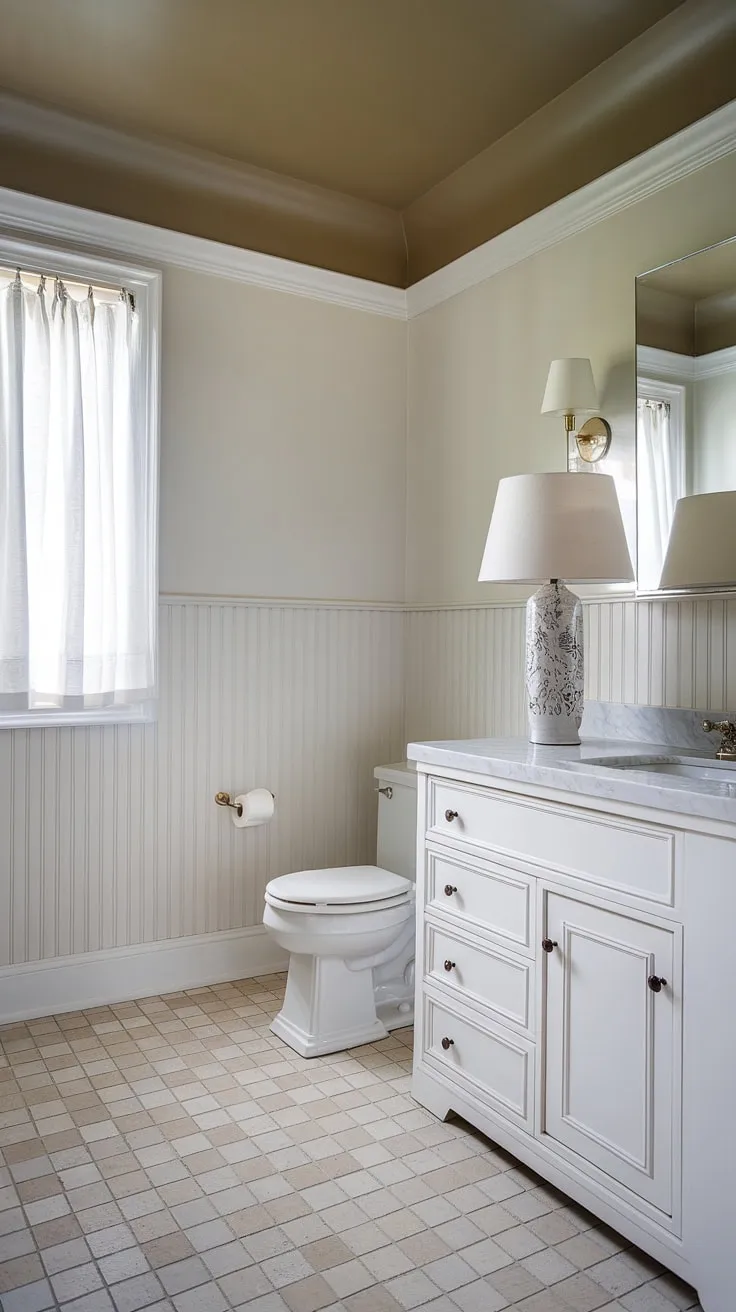 The classic charm of this bathroom is all in the details:  the beadboard wainscoting, the subtle beige and white tile, and the soft light.  Inspired to add this detail to your own home?  Discover how to add beadboard to walls with our guide on beadboard wall installation.  From beadboard bathroom DIY projects to more extensive wainscoting installation, we'll help you achieve the look you desire, whether you're considering beadboard wainscoting height or exploring ideas like how to hang a mirror over wainscoting.  And don't forget to consider beadboard and batten for other areas, or even a beadboard ceiling hallway for a truly cohesive design.