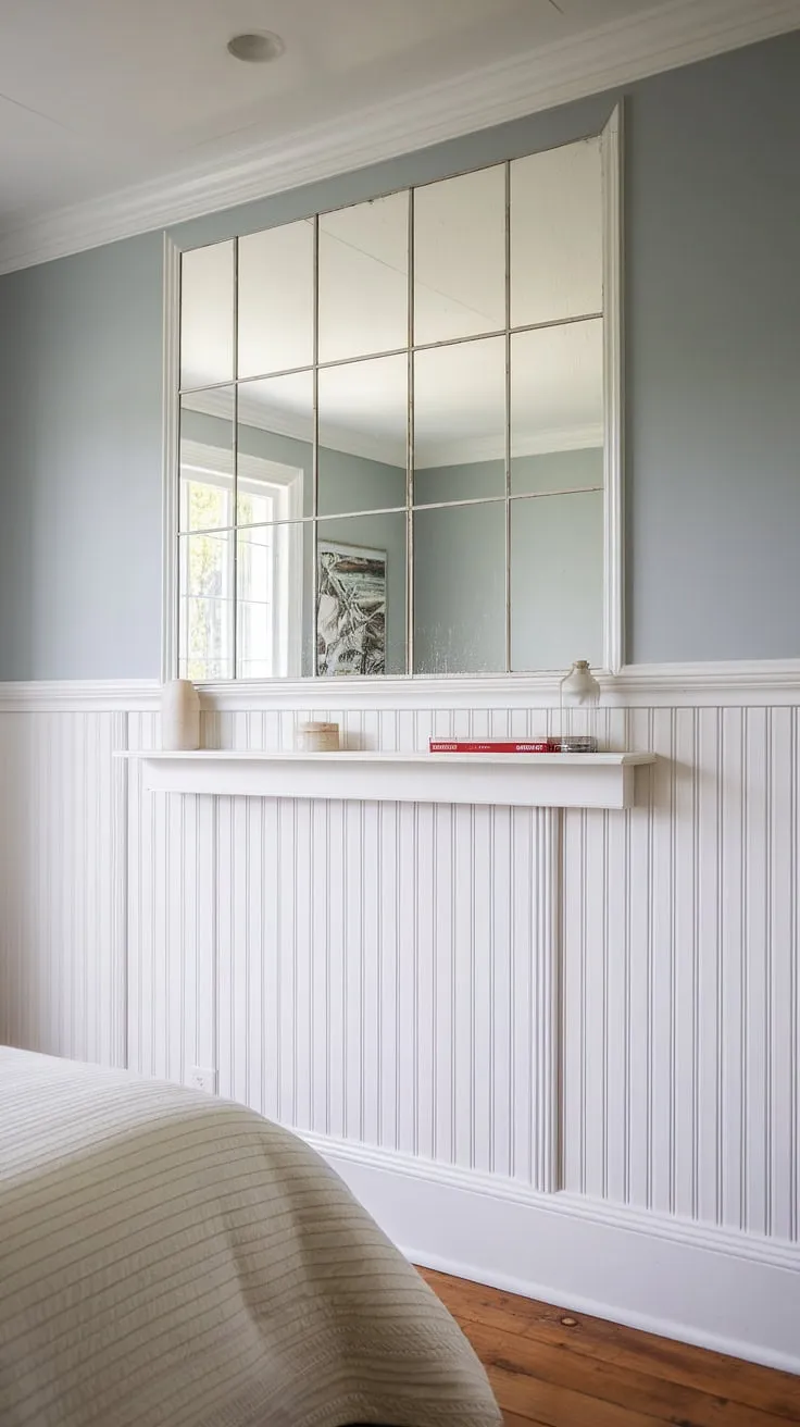 Transform your space with the timeless charm of beadboard wainscoting! This bedroom's full-wall installation, complete with a perfectly placed mirror (discover how to hang a mirror over wainscoting!), is pure inspiration.  Explore wainscoting installation techniques and consider beadboard and batten for added texture.  From beadboard bathroom DIY projects to a beadboard ceiling hallway, the versatility of beadboard is undeniable.  This room proves that beadboard wainscoting is a beautiful and functional addition to any room.